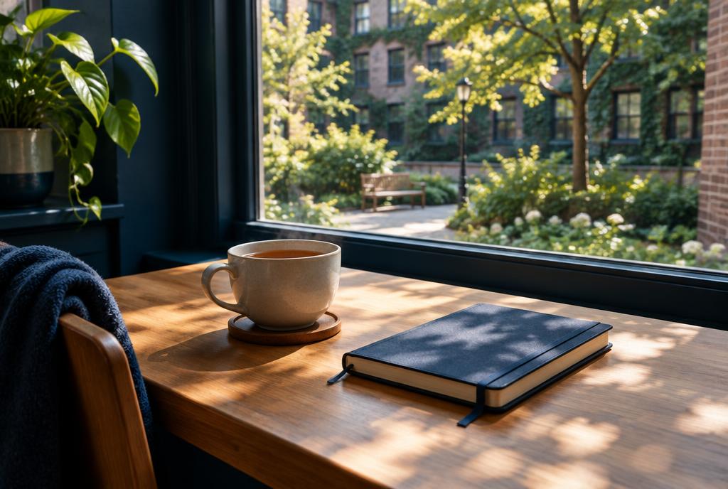 A cup of tea and closed notebook by a garden window