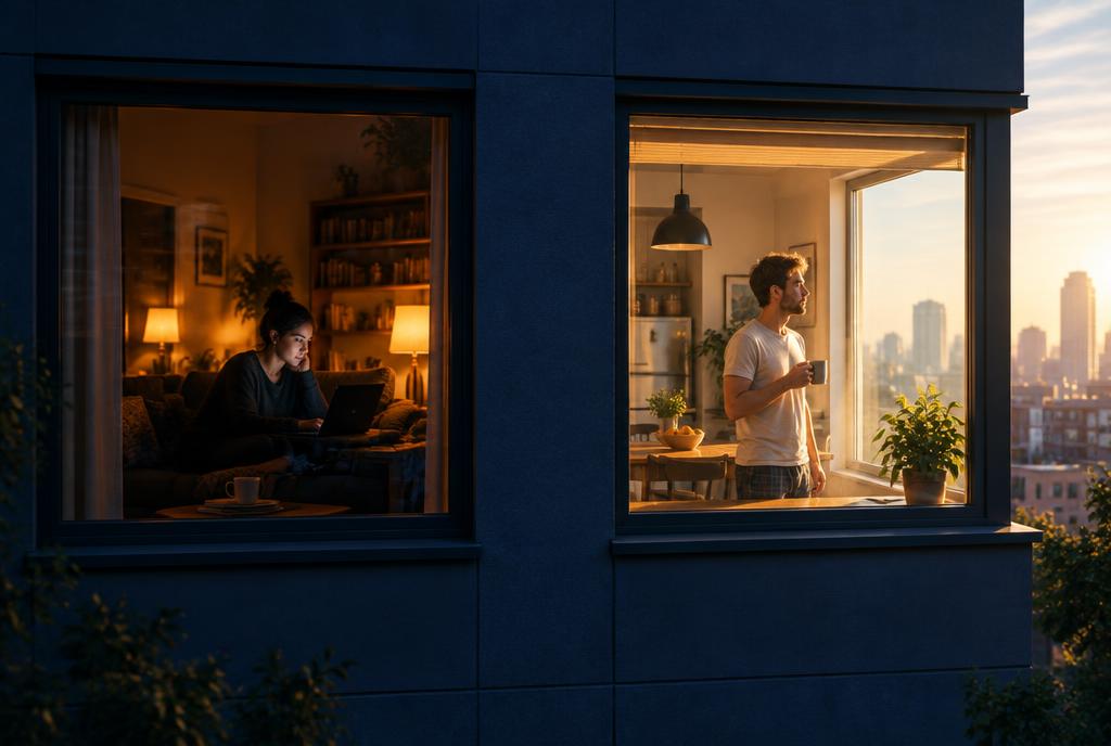 Adjacent apartments lit at different hours of the day