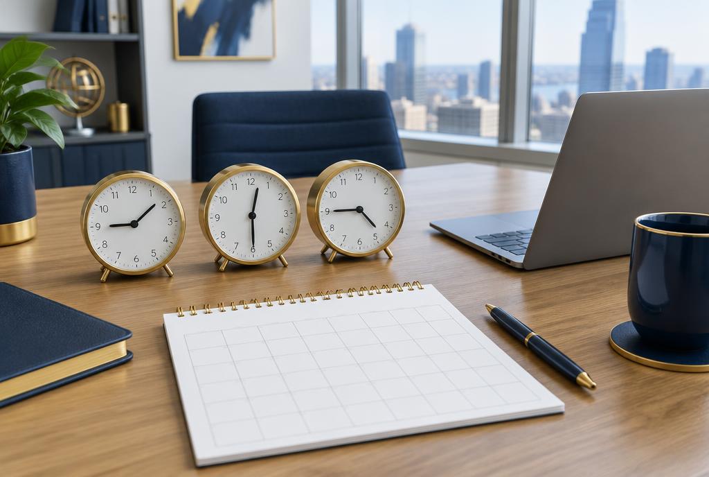 Three desk clocks beside a calendar in a meeting space