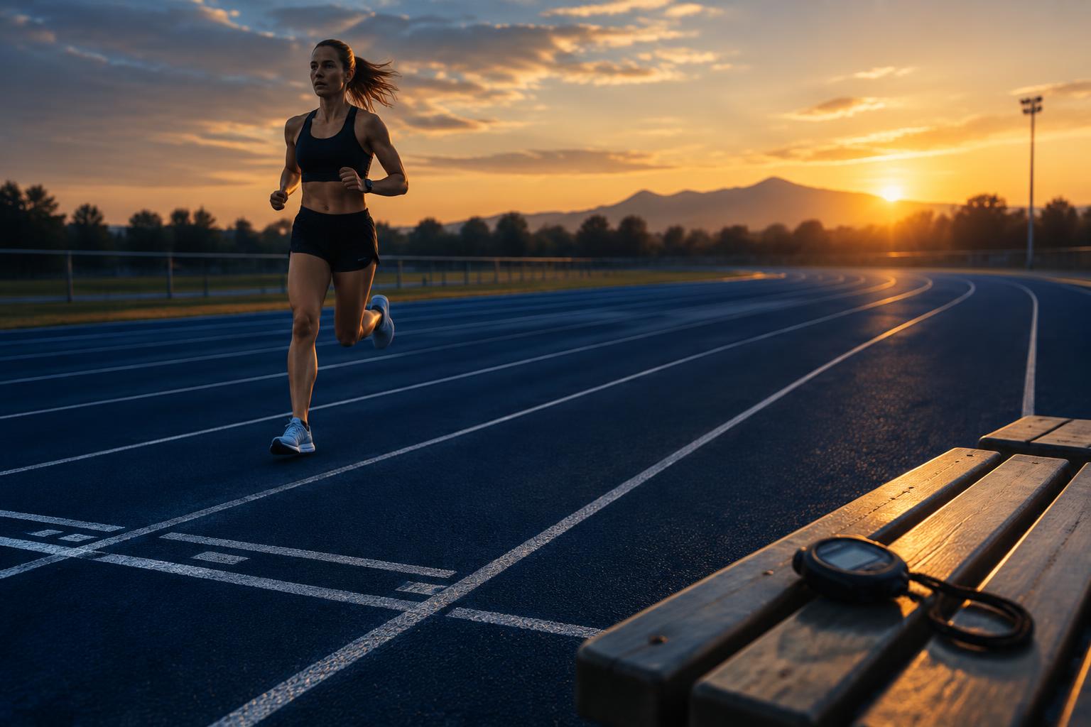 Runner training on a track at sunrise with a stopwatch nearby