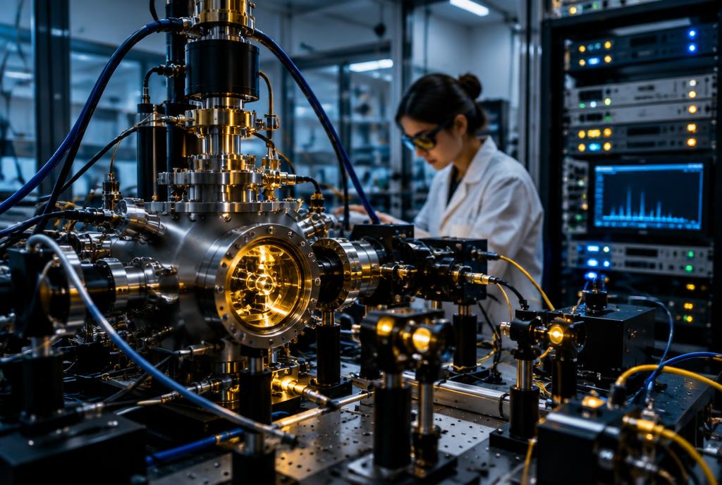 Researcher working with precision timekeeping equipment