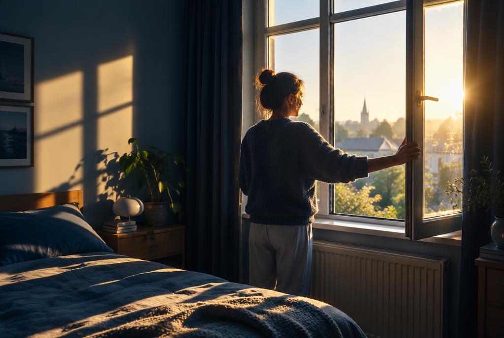 A person opening a window to early morning sunlight