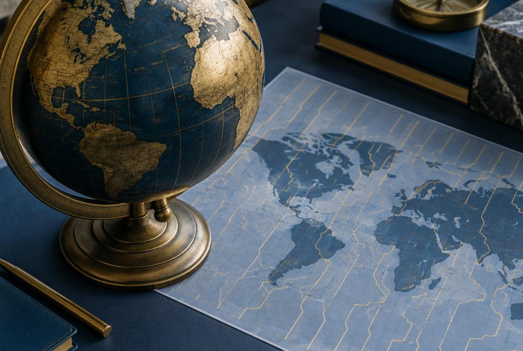 A globe and a map showing the irregular boundaries of time zones