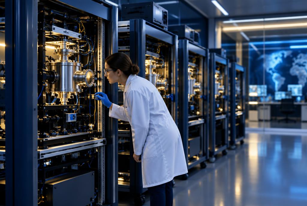 Researcher inspecting atomic clock equipment in a metrology laboratory