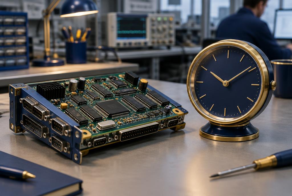 Older embedded circuit board beside a clock in an engineering lab